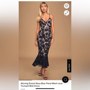Lulus - Alluring Dream Navy Blue Floral Mesh Lace Trumpet Midi Dress